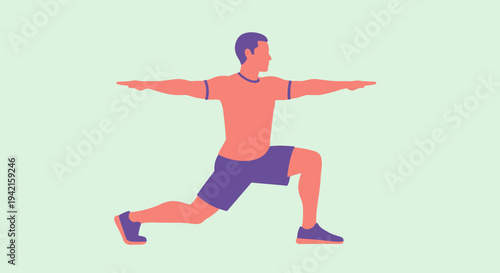 Man performing a lunge exercise with arms extended.