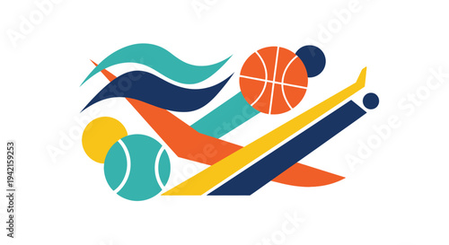 Dynamic Sports Equipment and Abstract Shapes Illustration.