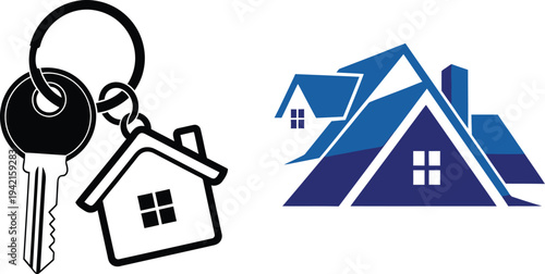 Collection of house keys and modern blue house icons