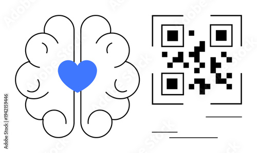 Technology, emotional connection, digital health, data sharing, artificial intelligence, online innovation. Brain graphic with heart, QR code. Technology and emotional connection concept