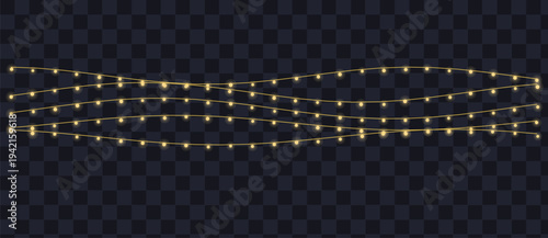 Bright yellow string lights illuminate the scene with a warm glow on a dark transparent pattern