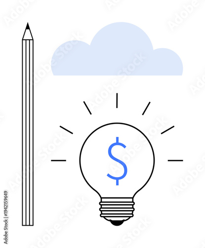 Finance, creativity, innovation, cloud technology, business planning, design thinking. A glowing lightbulb with a dollar sign under a cloud beside a pencil. Finance and creativity