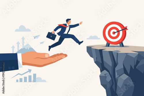Business support and mentorship concept with businessman jumping from giant hand to reach target on cliff, motivation to overcome obstacles, career growth, leadership and coaching illustration.