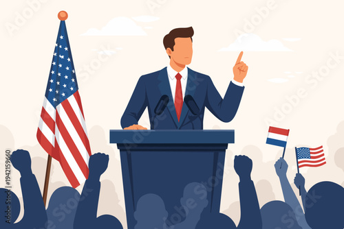 Flat vector illustration of a male politician in a suit giving a speech at a podium with microphones, American flag in background, and a cheering crowd with raised fists and national flags.