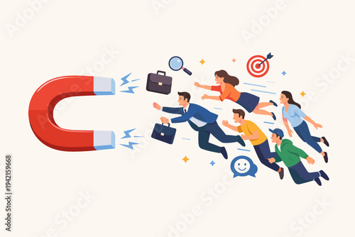 Magnet Attracting New Customers and Employees for Business Growth, Lead Generation and Talent Recruitment Concept, Customer Acquisition Strategy with Diverse People and Professional Icons