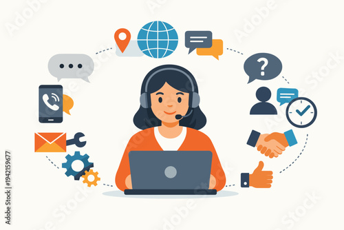 Customer Service Support and Communication Concept Flat Vector Illustration. Professional Female Agent with Headset Working on Laptop with Icons for Phone, Email, Chat, Global Help, and Feedback.