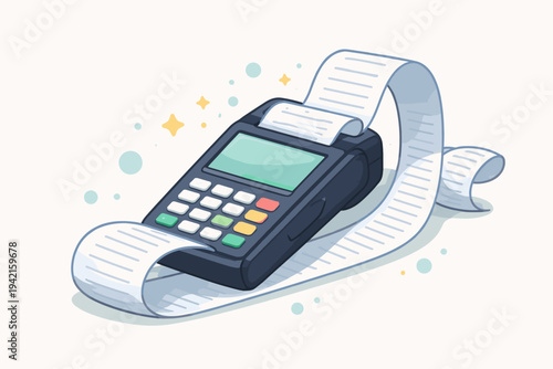 Vector illustration of a credit card POS terminal with a very long paper receipt curling around the device, representing high sales volume, retail transactions, business expenses, and shopping.