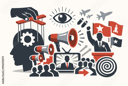 Mind control and propaganda concept vector illustration featuring puppet master, brainwashing, mass media manipulation, surveillance eye, political influence, and social engineering symbols.