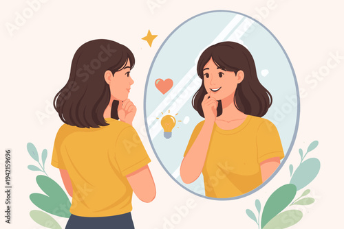 Self Assessment and Self Love Concept Vector Illustration of a Young Woman Looking in a Mirror with Positive Thoughts, Heart, and Lightbulb Icons for Personal Growth, Confidence, and Mental Health