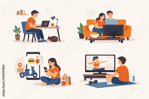 People staying at home vector illustration: man working on laptop, couple watching TV, woman ordering food delivery via smartphone app, and man doing home fitness workout following online video.