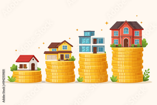 Flat vector illustration of various houses on growing stacks of gold coins, symbolizing real estate investment, property market growth, mortgage savings, and financial success in home ownership.