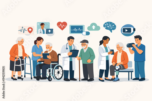 Medical team assisting elderly patients with disabilities using modern healthcare technology, digital apps, telemedicine, VR headsets, and smart devices for rehabilitation and monitoring.