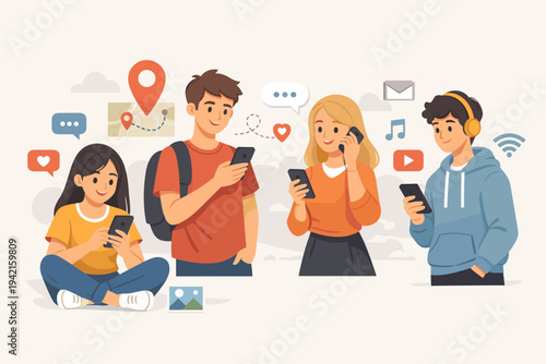 Flat vector illustration of young people using smartphone apps for social media, chatting, and navigation. Group of teenagers browsing internet, sharing location, and listening to music online.