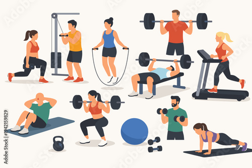 Flat Vector Illustration of Diverse People Working Out at the Gym with Fitness Equipment Including Barbells, Dumbbells, Treadmill, Kettlebell, and Jump Rope for Healthy Lifestyle and Bodybuilding.