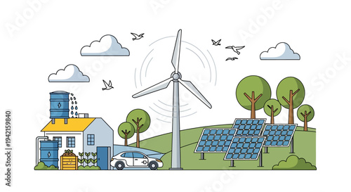 Vector illustration of eco-friendly farm with solar panels, wind turbine and electric car