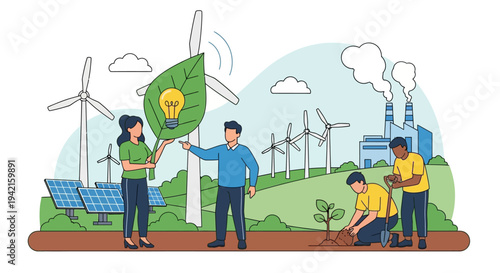 Vector illustration of people planting tree and eco-friendly energy sources