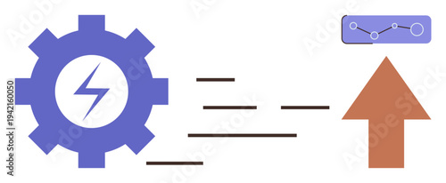 Business growth, efficiency, data analysis, innovation, productivity, progress. A gear with a lightning bolt, a line chart and an upward arrow. Business growth and efficiency concept