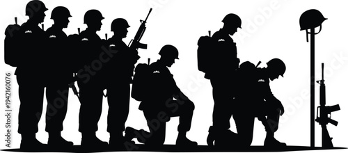 Military memorial silhouettes showing soldiers paying tribute beside battlefield cross honoring fallen comrades, remembrance ceremony, sacrifice, respect and national service