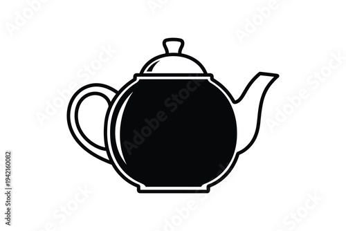 A black and white vector illustration of a traditional teapot with a handle and spout on a plain background, perfect for tea or kitchen concepts.