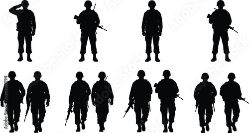 Military soldier silhouettes collection showing armed forces personnel standing, saluting, walking on patrol with rifles illustrating defense service and combat readiness