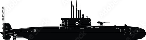 Military submarine silhouette featuring naval underwater warship with missiles and periscope illustrating maritime defense technology, strategic navy vessel isolated on white background