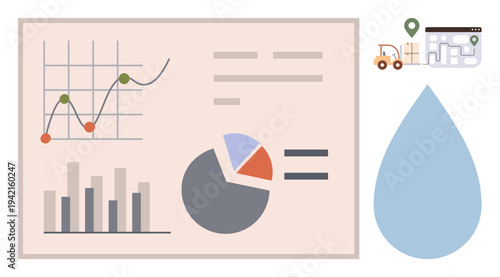 Business analytics, logistics planning, resource management, environmental sustainability, data interpretation, visual storytelling. Bar and pie charts, map with icons water drop graphic. Business