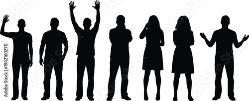 People silhouettes collection showing diverse men and women standing, waving, gesturing, and posing illustrating communication, presentation, teamwork isolated on white background