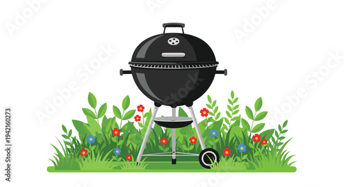 A black kettle-style barbecue grill is positioned on green grass, surrounded by green leaves and small colorful flowers, against a plain white background.