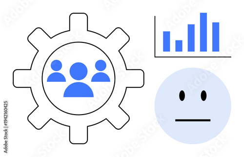 Team management, productivity, workflow, analytics, employee dynamics, performance evaluation. Gear with people icon, bar chart and neutral face symbol. Teamwork and productivity illustration