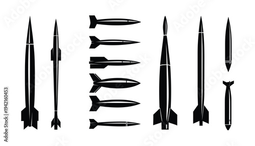 Assortment of rocket and missile silhouettes for aerospace and defense themes, showing different aerodynamic shapes for warheads and boosters