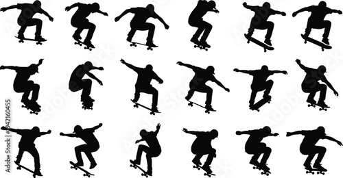 Skateboarder silhouette sequence performing aerial tricks and jumps showcasing extreme sports action, urban street culture, dynamic motion poses isolated on white background