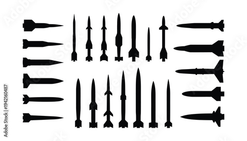 Detailed collection of various rocket and missile icons showcasing different military and aerospace projectile designs for conceptual applications