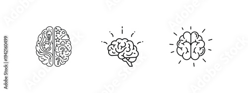 Three stylized brain icons representing creativity, intelligence, and ideas with vibrant energy bursts for innovation and thought processes