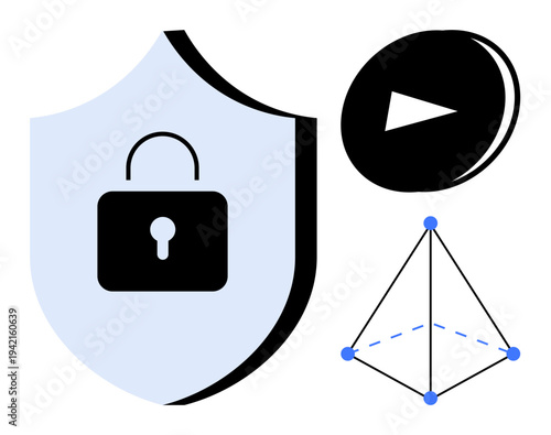 Cybersecurity, digital identity, blockchain, authentication, online privacy, technology. Shield with lock, media icon geometric shape. Cybersecurity and digital identity concepts
