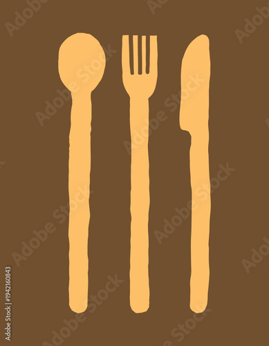 Stylized hand-drawn silhouettes of spoon, fork, and knife with irregular shapes and uneven edges. Minimal playful vector illustration of cutlery with abstract organic silhouettes
