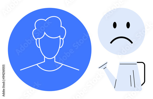 Emotions concept. Depiction of sadness with a sad emotion, a watering can care, and a human silhouette for emotions. Emotions link to nurturing . For mental health, humanitarian aid, empathy