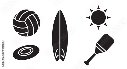 Summer beach vacation icons set with volleyball and surfboard and sun symbol illustration