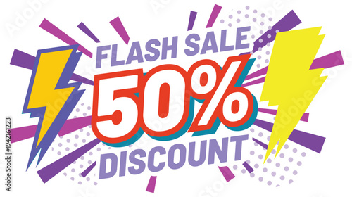 Flash sale fifty percent discount with lightning bolts