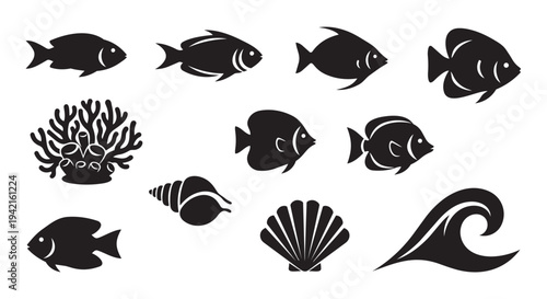Collection of black ocean icons featuring fish, coral, seashells, and underwater elements on white background