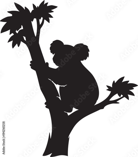 Black silhouette of a koala clinging to a tree animal