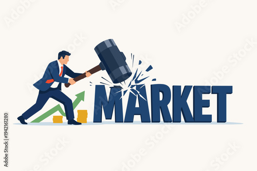 Businessman hitting the word market with a large sledgehammer to represent beating the stock market, active fund management, outperforming benchmarks, financial success, and high investment returns