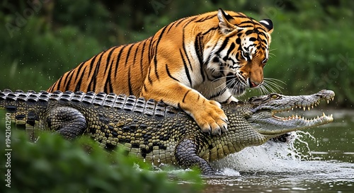 Fierce Tiger Engages in Intense Battle with Crocodile in Water.