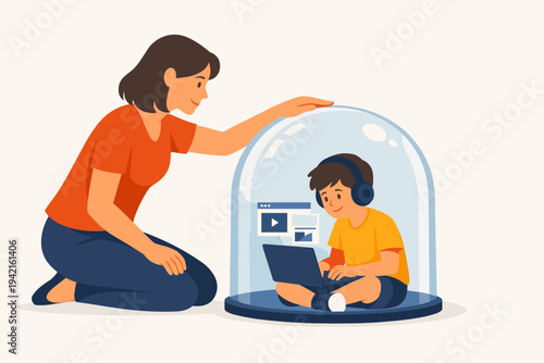 Mother Protecting Her Child with a Glass Dome While He Uses a Laptop for Internet Safety and Parental Control Concept, Overprotective Parenting in the Digital Age Flat Vector Illustration