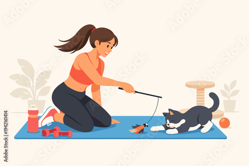Flat vector illustration of a fit young woman in sportswear playing with her cute black and white cat on a yoga mat at home, using a feather wand toy during a fitness workout break with dumbbells.