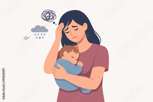 Sad Mother Holding Sleeping Baby Illustrating Postpartum Depression, Maternal Mental Health Struggles, Stress, Anxiety, and Exhaustion in a Simple Flat Vector Style for Healthcare Awareness.