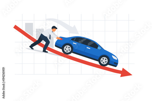 Vector Illustration of a Businessman Pushing a Blue Car Down a Red Declining Financial Graph Arrow, Representing Automobile Depreciation, Market Value Loss, and Economic Downturn in Car Sales.