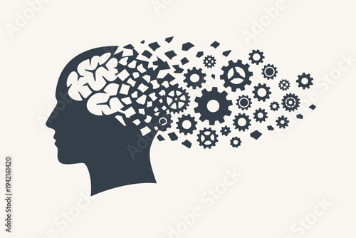 Silhouette of a human head with a brain breaking apart into small fragments that transform into mechanical gears and cogs, representing mental health, cognitive function, and logical thinking.
