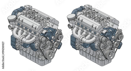 Detailed Automotive Engine Technical Illustration Showing V8 Car Engine From Two Angles