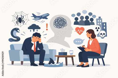 Vector Illustration of an Overwhelmed Anxious Businessman with Multiple Phobias and Social Anxiety Undergoing Psychotherapy with a Counselor to Manage Stress, Fear, and Mental Health Disorders.