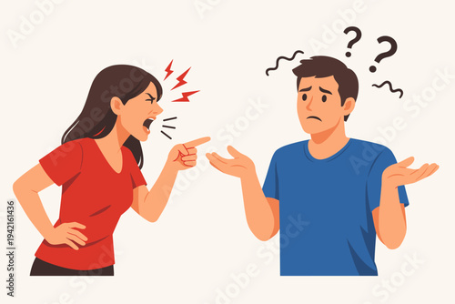 Angry woman screaming and pointing finger at confused upset man in simple flat vector style. Concept of relationship conflict, domestic argument, misunderstanding, and communication breakdown.